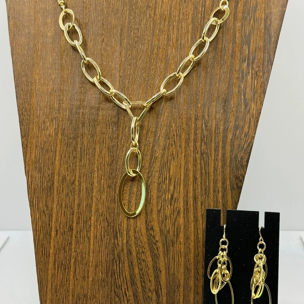 Vintage 90s Jonee Necklace and Earring Set Gold Tone Statement Dangle Black Rope